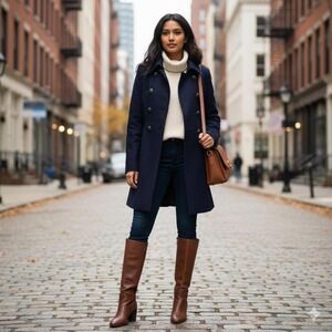 Women's NavyWool blend Double-Breasted‎ Wool Coat